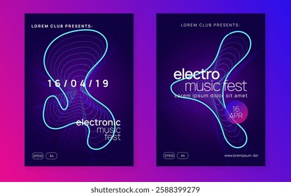 Night Club Poster. Festival Cover. Party Electro Graphic. Music Design. Blue Techno Background. Violet Discotheque Event. Psychedelic Disco Invitation. Green Night Club Poster