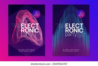 Night Club Poster. Party Electro Element. Fest Banner. Soundwave Disco Illustration. Festival Invite. Green Edm Event. Violet Dance Magazine. Blue Night Club Poster