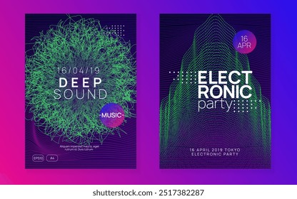 Night Club Poster. Techno Electro Element. Psychedelic Audio Invitation. Concert Cover. Fest Banner. Pink Discotheque Flyer. Blue Edm Event. Violet Night Club Poster