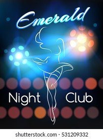 Night Club poster template with dancing silhouettte and lights. Vector illustration