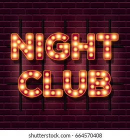 Night club retro banner template with lightbulb glowing. Entrance billboard background. Vintage style. Vector illustration.