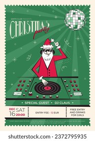 Invitación de fiesta de Navidad retro de discoteca. Afiche navideño al estilo de los años 60-70 con DJ Santa Claus.