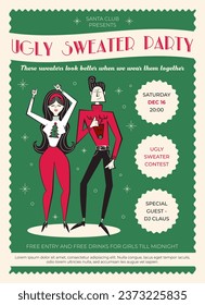 Night club retro Christmas party invitation. 60s - 70s style Christmas poster with dancing couple in sweaters. Ugly sweater party invitation.