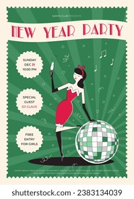 Night club retro New Year party invitation. New year poster in vintage style.60s - 70s style Christmas poster with woman character in red coctail dress with champagne.