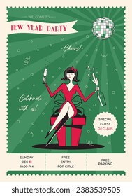 Night club retro New Year party invitation. New year poster in vintage style. 60s - 70s style Christmas poster with woman character in red coctail dress with champagne sitting on a gift.