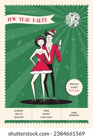 Night club retro New year party invitation. 60s - 70s style New year poster with couple with champagne. Christmas invitation with woman in red dress and man in Santa's hat.