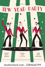 Invitación de fiesta de Año Nuevo retro de discoteca. Afiche navideño de estilo disco de los años 60-70 con tres Papá Noel bailando.