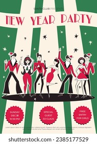 Night club retro New Year party invitation. 60s - 70s disco style Christmas poster. Vector illustration with dancing people in red Christmas clothing.
