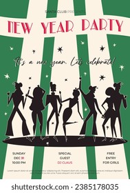 Night club retro New Year party invitation. 60s - 70s disco style Christmas poster. Vector illustration with dancing people silhouette.