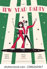 Night club retro New year party invitation. 60s - 70s style New year poster with couple. Christmas vector illustration with woman in red and Santa Claus.