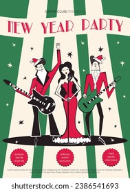 Invitación de fiesta de Año Nuevo retro de discoteca. Afiche navideño de estilo disco de los años 60-70. Ilustración vectorial con banda musical vestida de rojo Navidad con hombres con guitarra y cantante mujer.