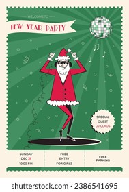 Night club retro New Year party invitation. 60s - 70s disco style Christmas poster with dancing Santa Claus in headphones.