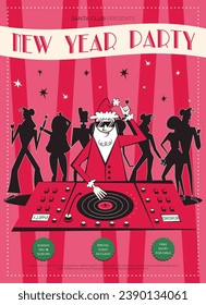 Night club retro New year and Christmas party invitation. 60s - 70s style Christmas poster with DJ Santa Claus and dancing people in the background.