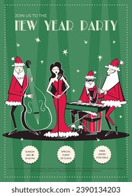 Night club retro New Year party invitation. 60s - 70s disco style Christmas poster. Vector illustration with Santa Claus musical band and singer woman.