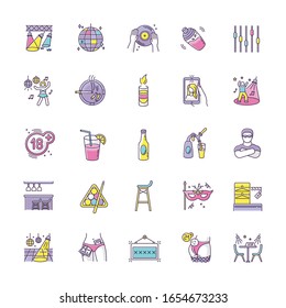 Night club RGB color icons set. Entertainment venue, dancing and drinking establishment symbols. Nightclub lifestyle, late night party, active recreation. Isolated vector illustrations
