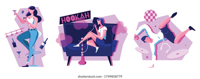 Night club set of three flat compositions with people drinking alcoholic drinks dancing and smoking hookah vector illustration