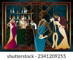 night club with singer on stage and people dance and drink alcohol. Vector illustration