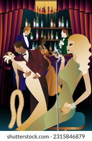 night club with singer on stage and people dance and drink alcohol. Vector illustration of live concert in cafe or restaurant with singer on scene and dancers