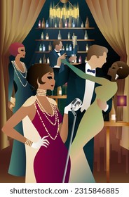 night club with singer on stage and people dance and drink alcohol. Vector illustration of live concert in cafe or restaurant with singer on scene and dancers