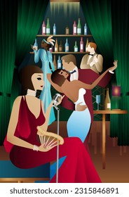 night club with singer on stage and people dance and drink alcohol. Vector illustration of live concert in cafe or restaurant with singer on scene and dancers