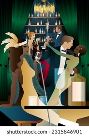 night club with singer on stage and people dance and drink alcohol. Vector illustration of live concert in cafe or restaurant with singer on scene and dancers