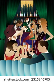 night club with singer on stage and people dance and drink alcohol. Vector illustration of live concert in cafe or restaurant with singer on scene and dancers