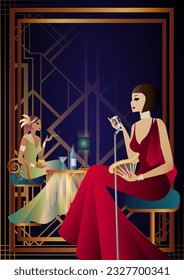 night club with a singer on stage, people drink alcohol. Vector illustration of a live concert in a cafe or restaurant with a singer on stage and alcohol