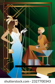 night club with a singer on stage, people drink alcohol. Vector illustration of a live concert in a cafe or restaurant with a singer on stage and alcohol