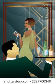 night club with a singer on stage, people drink alcohol. Vector illustration of a live concert in a cafe or restaurant with a singer on stage and alcohol