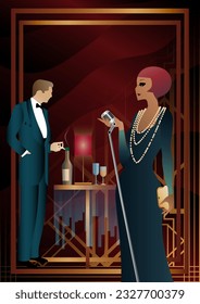 night club with a singer on stage, people drink alcohol. Vector illustration of a live concert in a cafe or restaurant with a singer on stage and alcohol