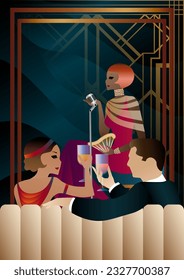 discoteca con un cantante en el escenario, la gente bebe alcohol. Ilustración vectorial de un concierto en vivo en una cafetería o restaurante con un cantante en el escenario y alcohol