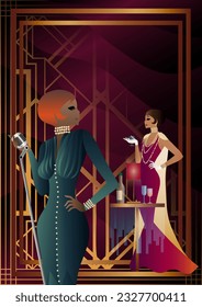 night club with a singer on stage, people drink alcohol. Vector illustration of a live concert in a cafe or restaurant with a singer on stage and alcohol