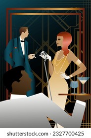 night club with a singer on stage, people drink alcohol. Vector illustration of a live concert in a cafe or restaurant with a singer on stage and alcohol