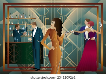 night club with singer on stage and people dance and drink alcohol. Vector illustration