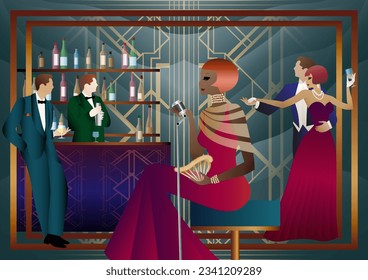 night club with singer on stage and people dance and drink alcohol. Vector illustration