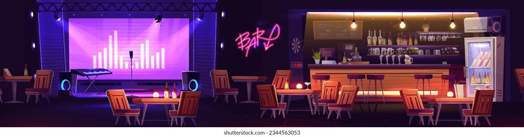 Night club stage with pub counter vector illustration. Beer goblet table and alcohol cocktail on restaurant. Wine bottle and snack in fridge on nightclub party hall. Light bulb and stool furniture