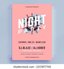 Night club summer party pastel vintage announcement poster with steering wheel template design vector illustration. Beach disco clubbing event tropical entertainment promo advertising mockup