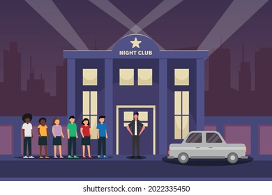 Night club vector concept: Young security standing in front of night club while the people standing in front of him