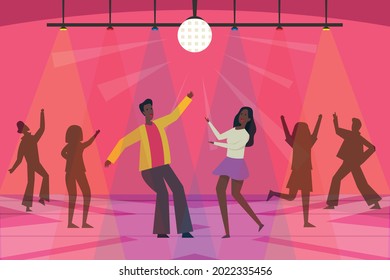 Night club vector concept: Young man and woman dancing together on the stage with a group of dancers