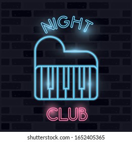 night club word calligraphy with piano neon lights vector illustration design