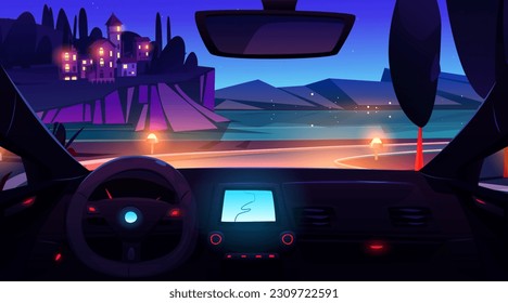 Night coast car ride to village island landscape. Sea view vector mediterranean cartoon background. Inside vehicle dashboard, wheel and navigation screen on way to distant coastal countryside scene.