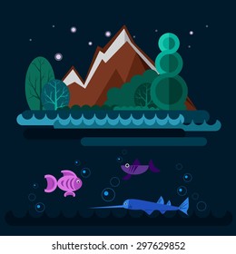 Night coast of lake with fishes. Forest and mountains. Vector flat illustration