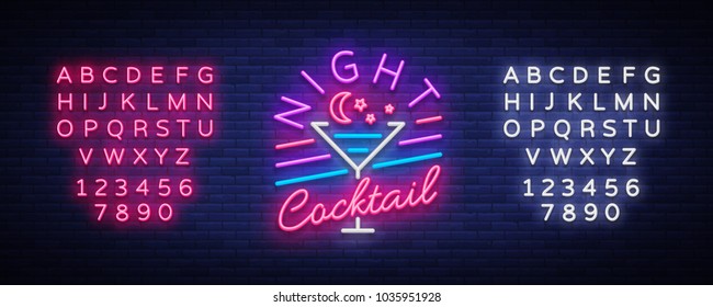 Night Cocktail is a neon sign. Cocktail Logo, Neon Style, Light Banner, Night Bright Neon Advertising for Cocktail Bar, Party, Pub. Alcohol. Vector illustration. Editing text neon sign