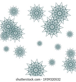 Noche Frío Imprimir Estrellas Náuseas Ornamento Afilado. Papel de fondo de pantalla de Año Nuevo de lujo rosa ligero de Navidad. Los copos de nieve blancos Invierno Caótico Oscuro Fondo del Cielo. Ilustración del Pastel de color turquesa verde esmeralda Mandala.
