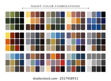 Night color palette. Trend color palette guide template. Fit for fashion designers, business, and paints colors company. Match combinations. Vector graphics. Eps 10.