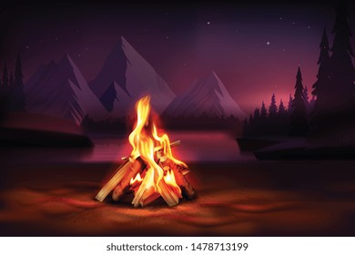 Composición nocturna con fogata ardiendo sobre montañas y fondo forestal ilustración vectorial realista 
