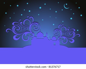 Nachtkonzeptioneller Hintergrund mit floraler Design-Moschee