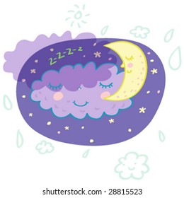 night concept - cartoon cloud and moon are sleeping in the sky in vector