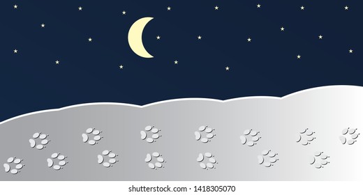 Night. Concept idea of animal tracks on the snow, moon and stars. Vector illustration.