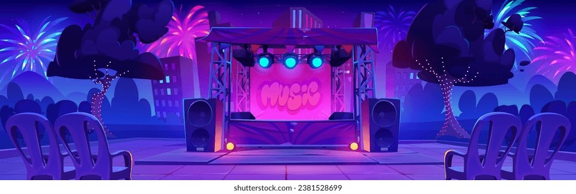 Night concert stage at music festival in park. Vector cartoon illustration of platform with spotlights and loudspeakers, chairs for audience, colorful fireworks sparkling in dark sky, city background